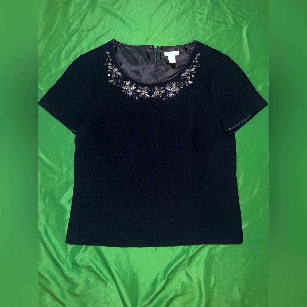 J. Crew Collection 100% Wool Navy Blue Top with Embellished Neckline size 6